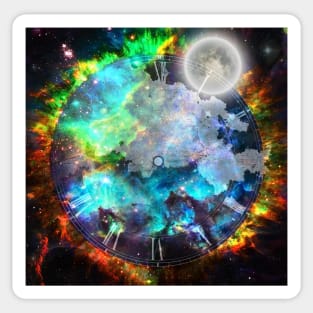 Moon in fantasy space with clock face Sticker